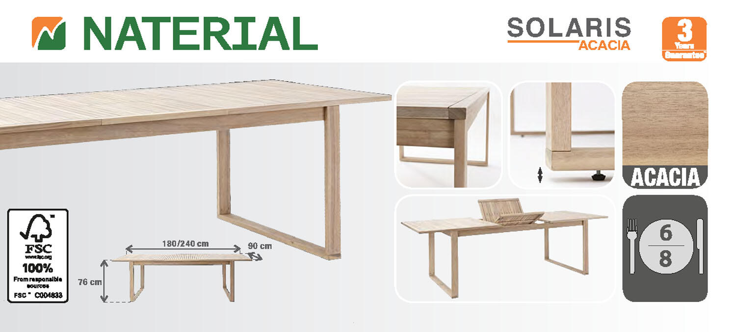 Tavolo da giardino allungabile rettangolare Solaris NATERIAL con piano in legno L 180/240 x P 90 cm - 17