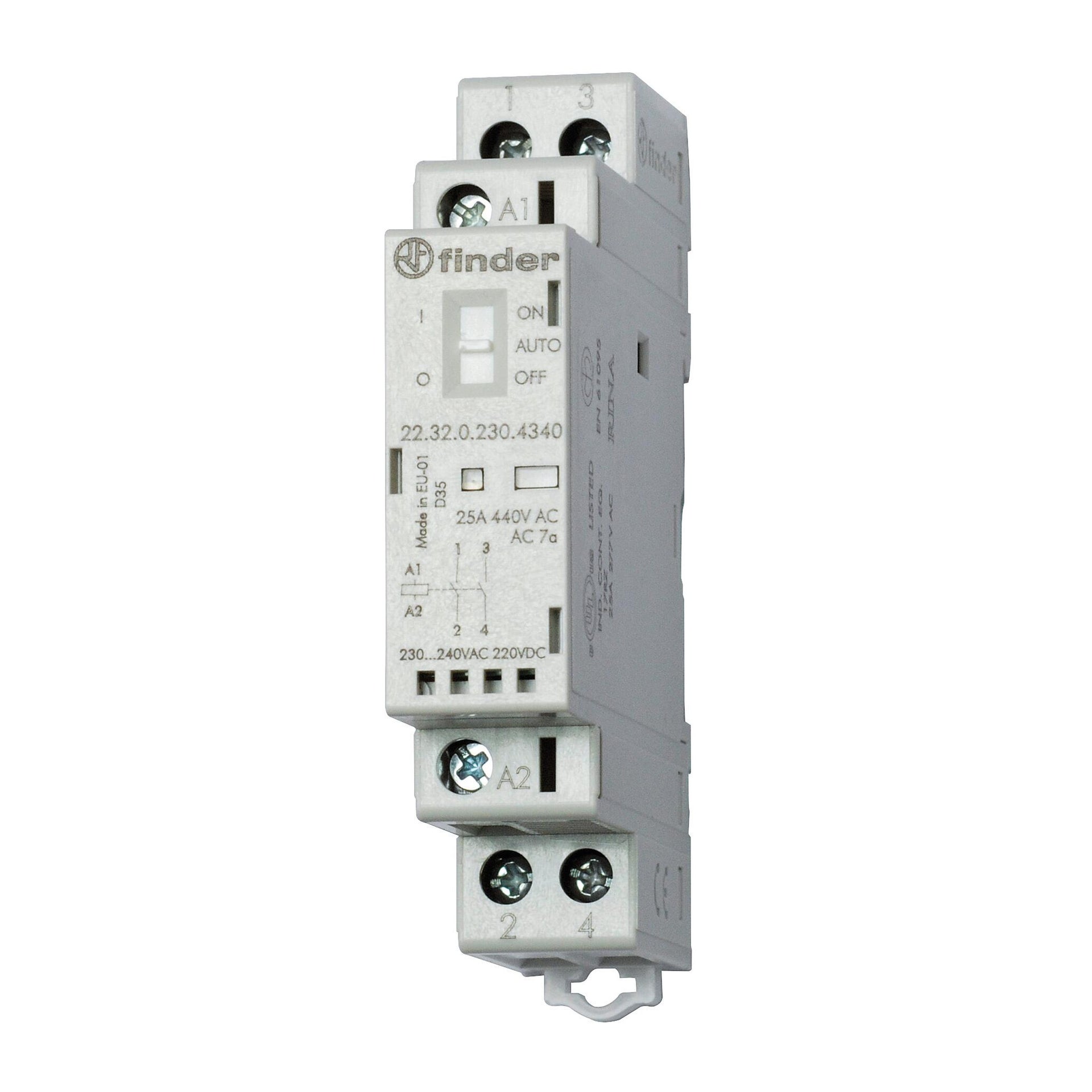 Contattore finder modulare 24v 17,5 mm 2 no 25a led