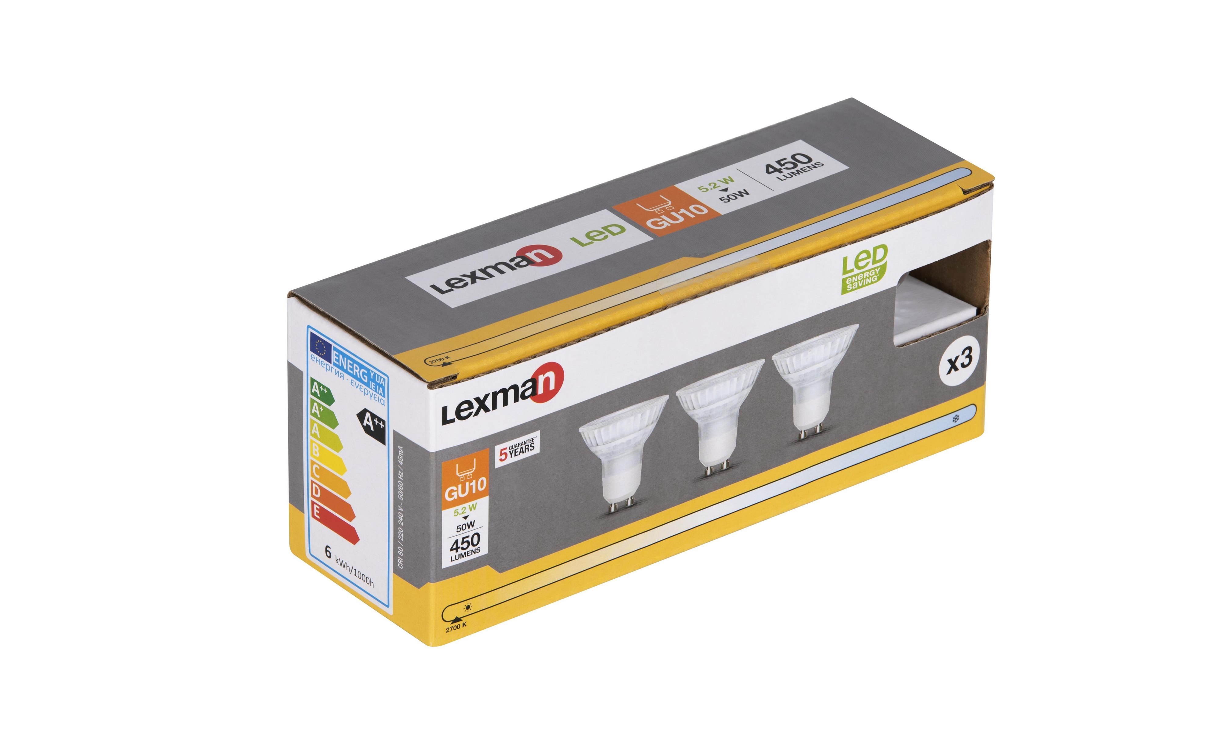 Set di 3 lampadine LED, GU10, Faretto, Trasparente, Luce calda, 5.2W=460LM (equiv 50 W), 100° , LEXMAN - 10