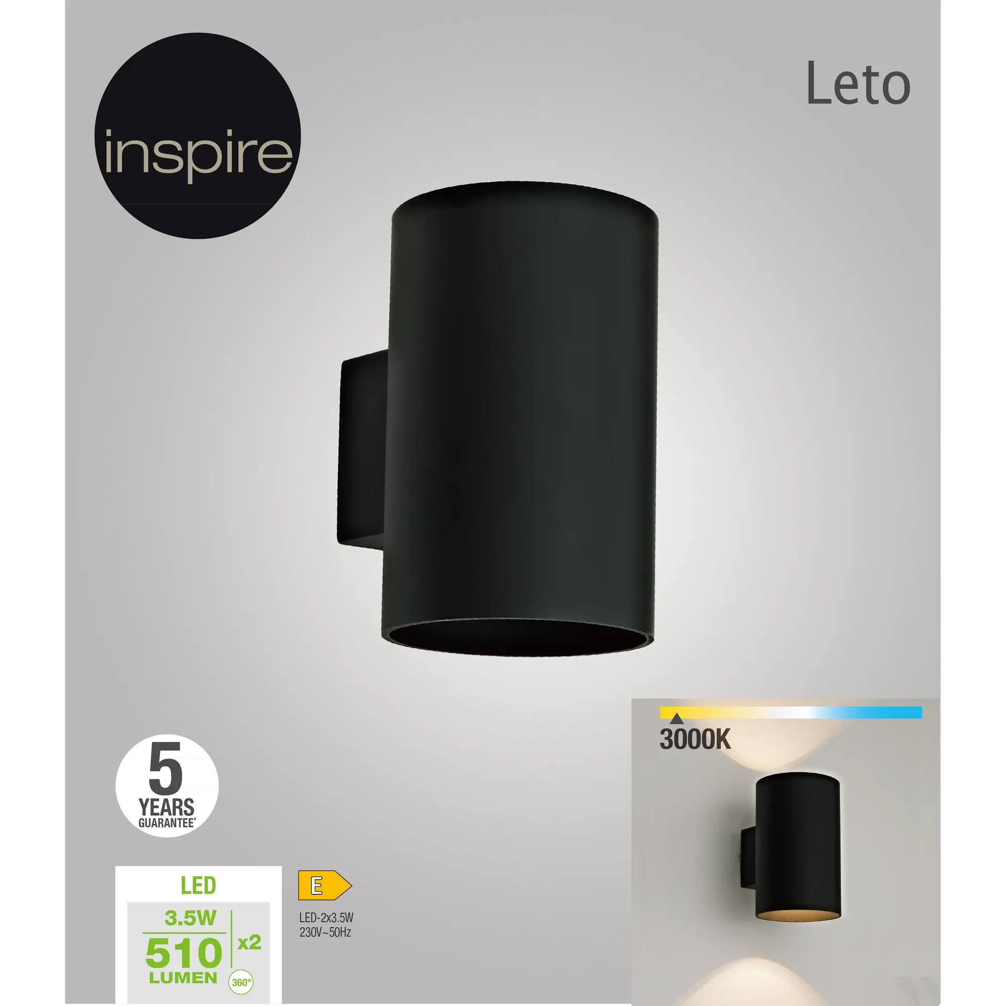 Applique design Leto nero, in metallo, D. 9.5 cm 13.5x9.5 cm, 2 luci INSPIRE - 7