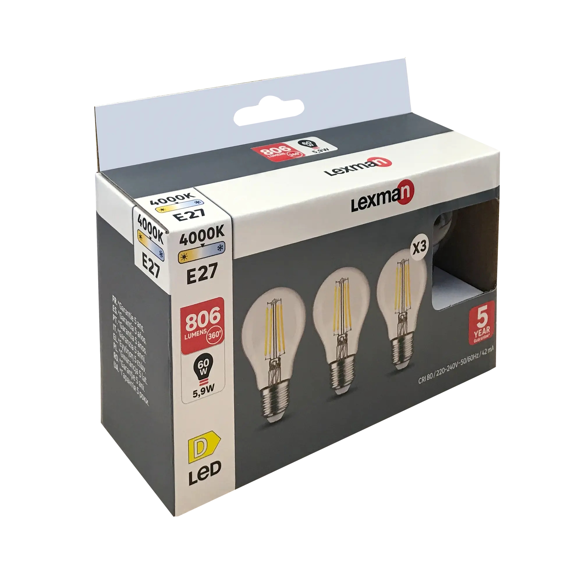 Set di 3 lampadine LED filamento, E27, Goccia, Trasparente, 5.9W=806LM (equiv 60 W), 320° , LEXMAN - 2