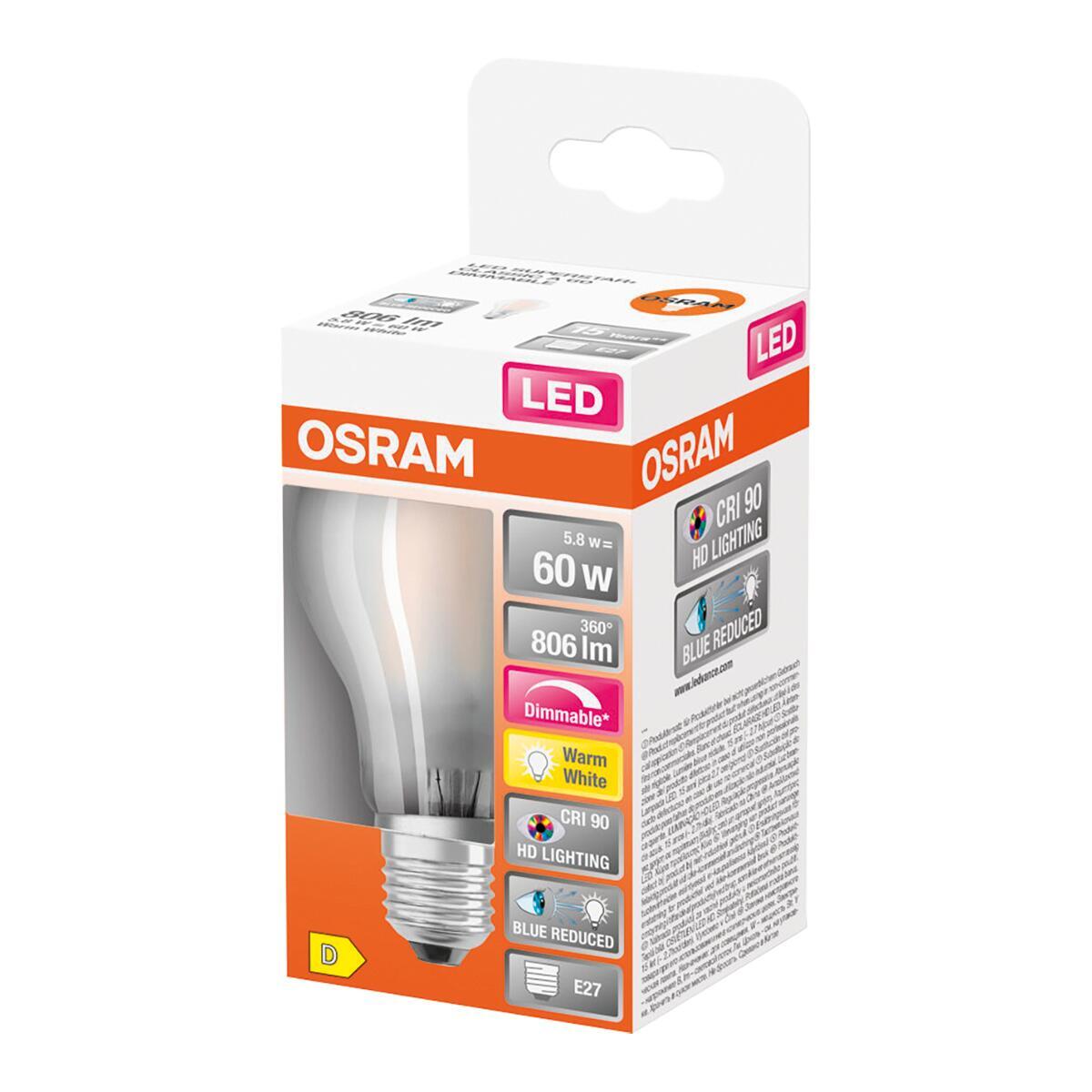 Lampadina LED, E27, Goccia, Smerigliato, Luce calda, 5.8W=806LM (equiv 60 W), 300° dimmerabile, OSRAM - 3