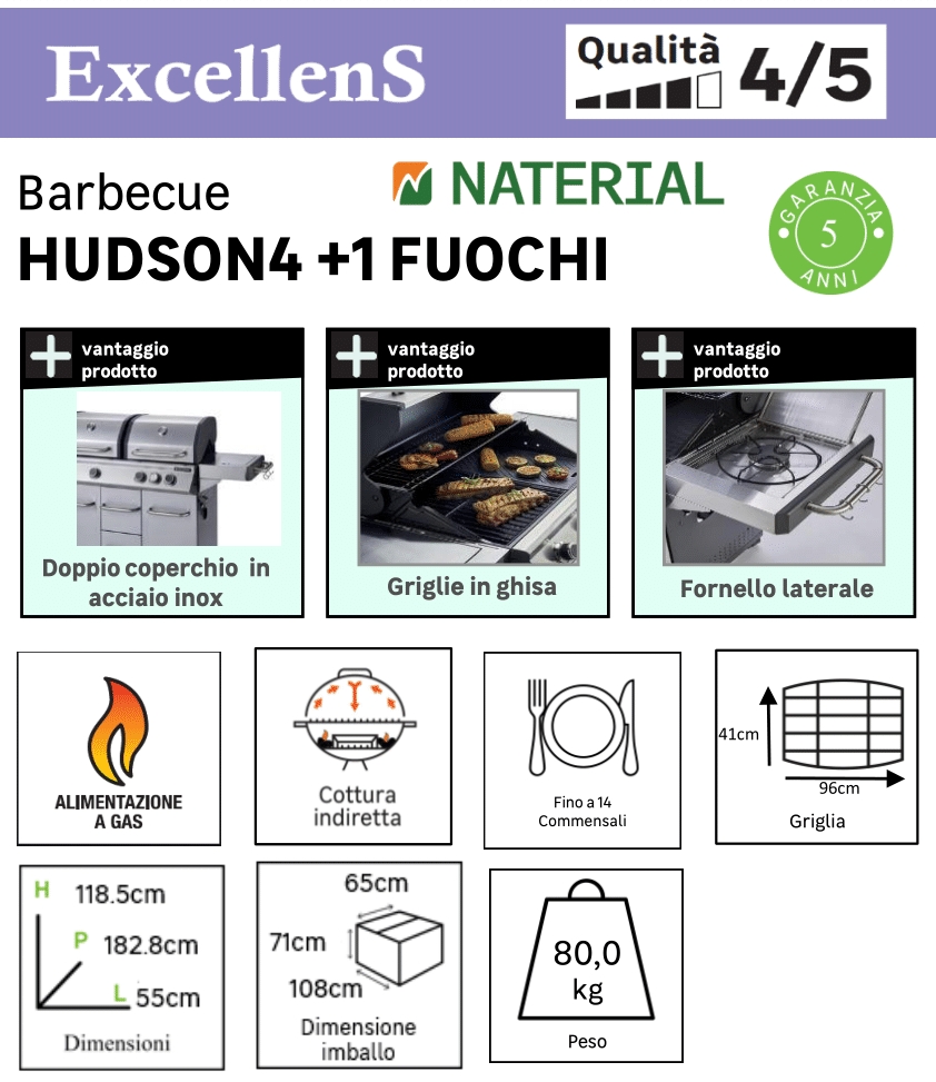 Barbecue a gas NATERIAL Hudson con fornello laterale e 4 bruciatori - 17