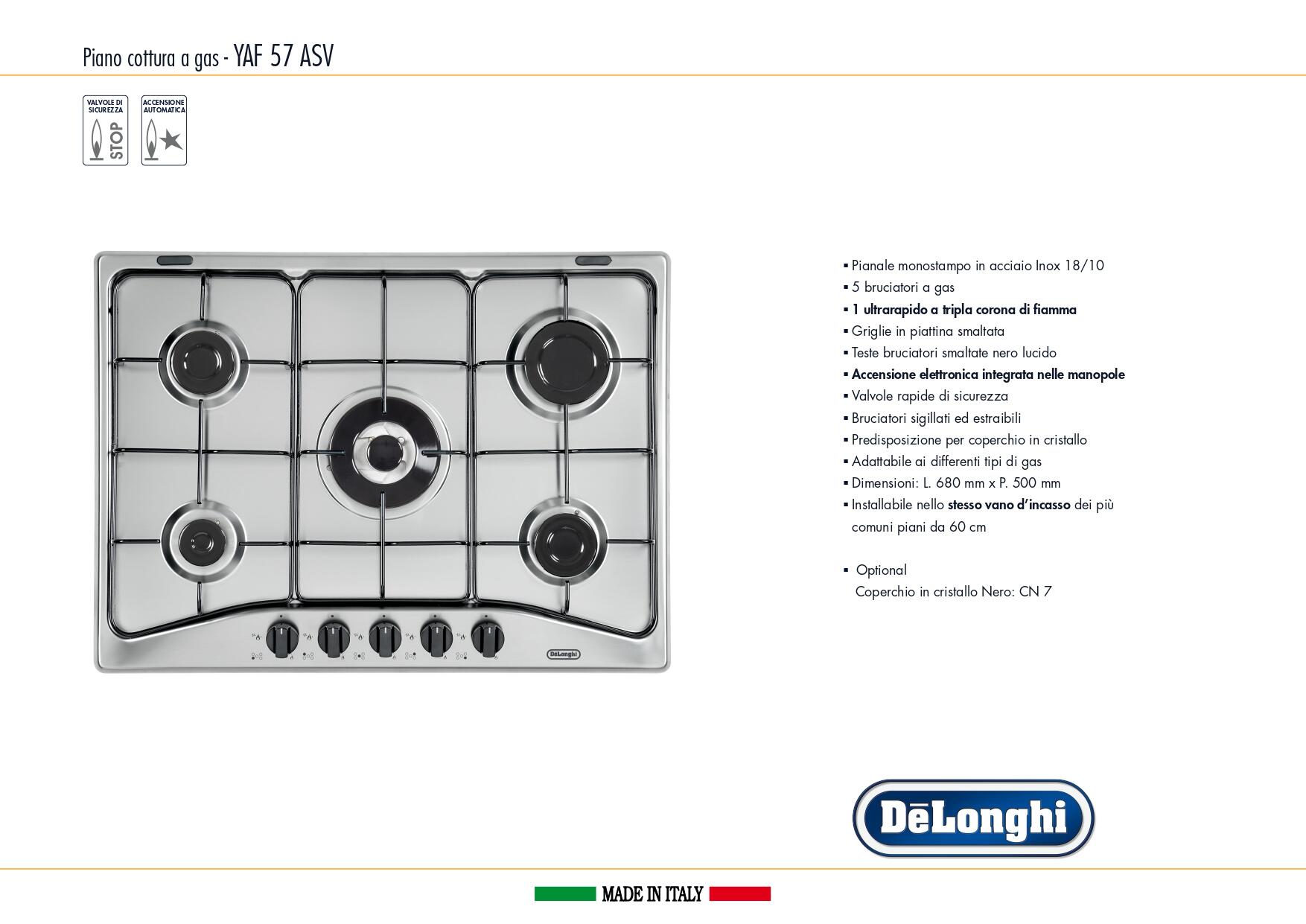Piano cottura 5 fuochi L 68 cm YAF 57 ASV DE'LONGHI grigio silver griglie  in acciaio smaltato | Leroy Merlin