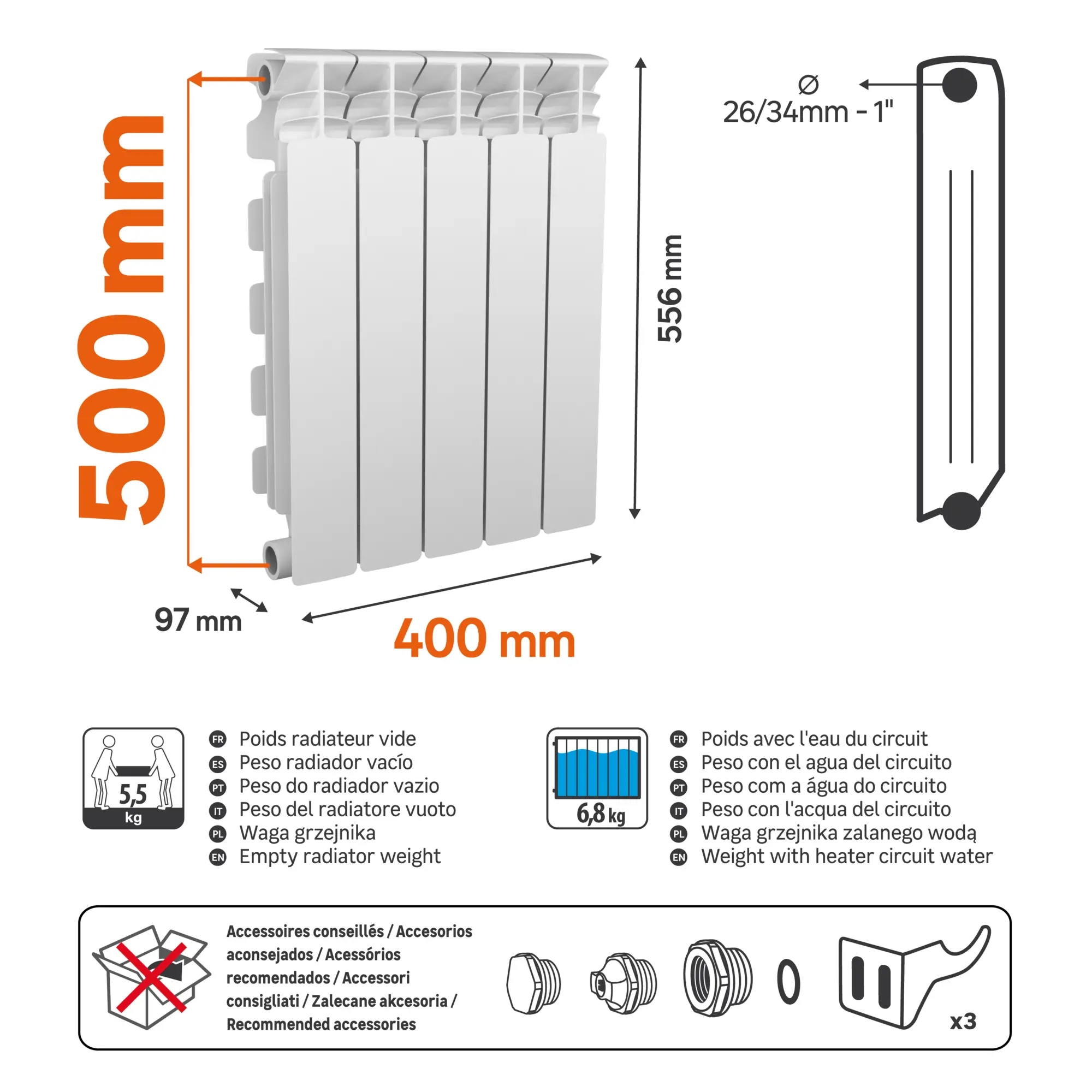 Radiatore acqua calda EQUATION 500/100 in alluminio 5 elementi interasse 50 cm - 4