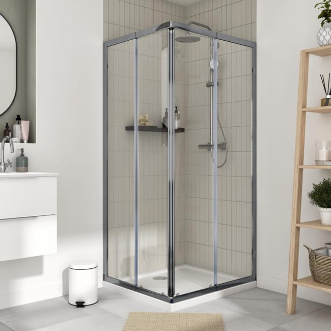 box doccia rettangolare scorrevole essential 70 x 90 cm h 185 cm in vetro temprato spessore 4 mm trasparente cromato leroy merlin