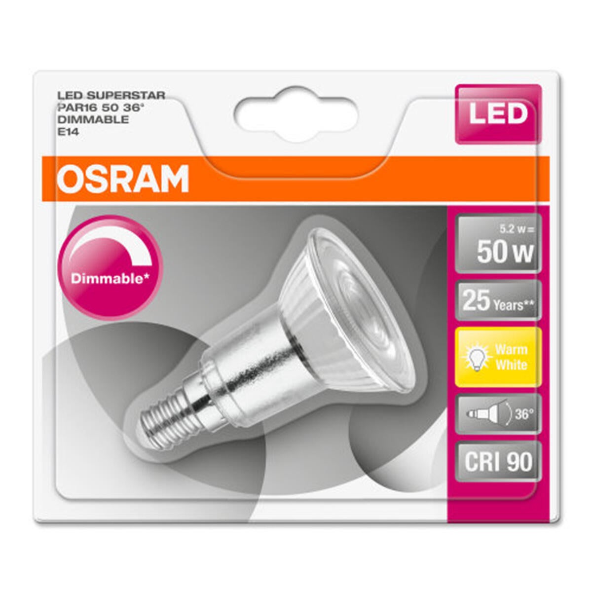 Lampadina LED, E14, Faretto, Trasparente, Luce calda, 5.2W=350LM (equiv 50 W), 36° dimmerabile, OSRAM - 2