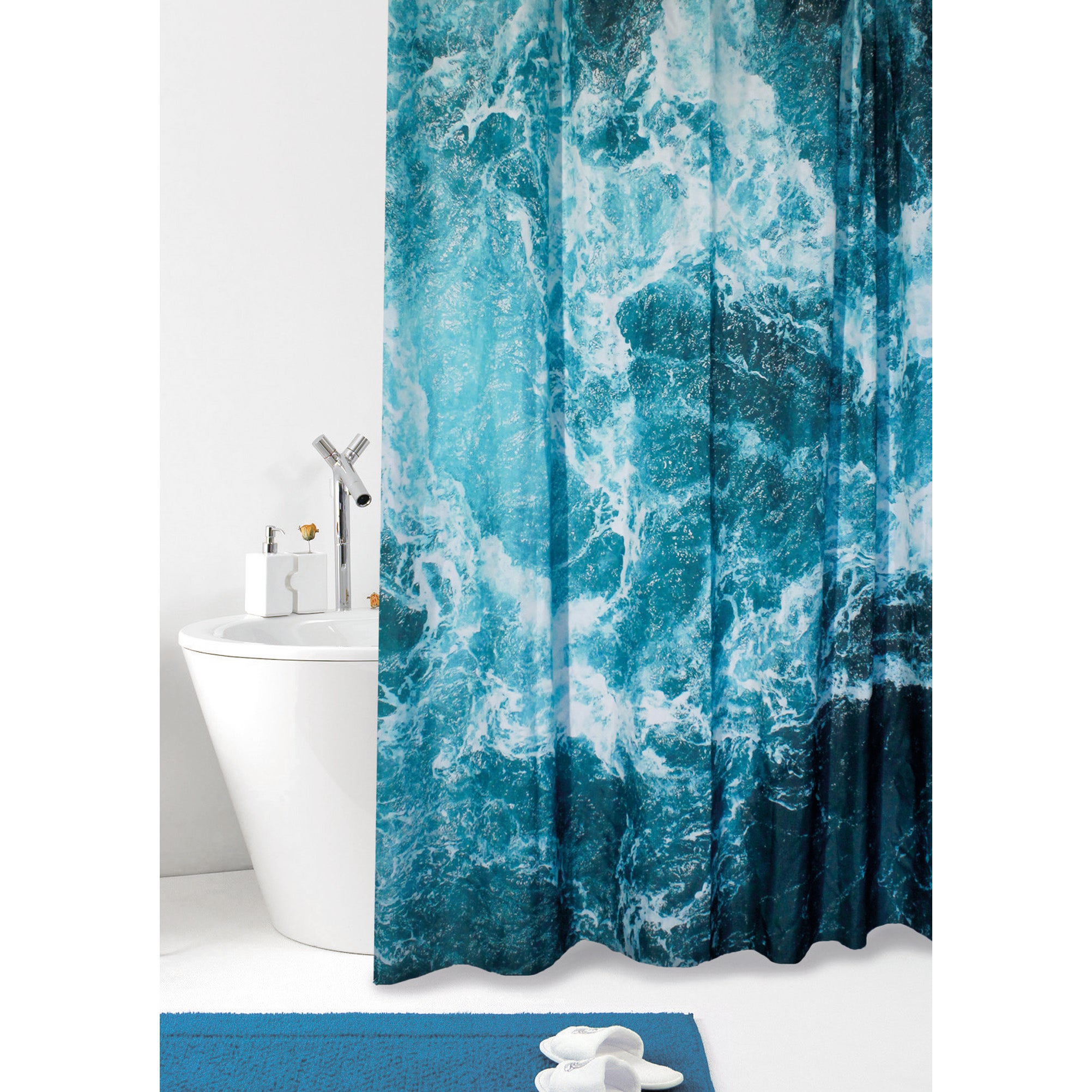 ABAKUHAUS Nautico Tenda da Doccia Blu Bianco 175 cm x 220 cm per la Vasca da Bagno Marine Starfish Tessuto Set di Decorazioni per Il Bagno con Ganci