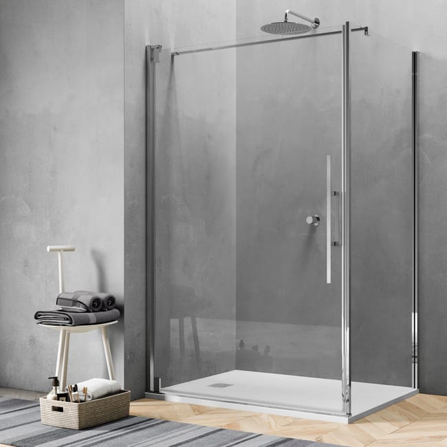 box doccia angolare con porta a battente e lato fisso rettangolare sword 100 x 70 cm h 200 cm in vetro temprato spessore 8 mm trasparente cromato leroy merlin
