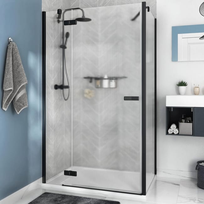 box doccia angolare con porta a battente e lato fisso rettangolare neo 90 x 70 cm h 200 cm in vetro temprato spessore 8 mm strutturato nero leroy merlin