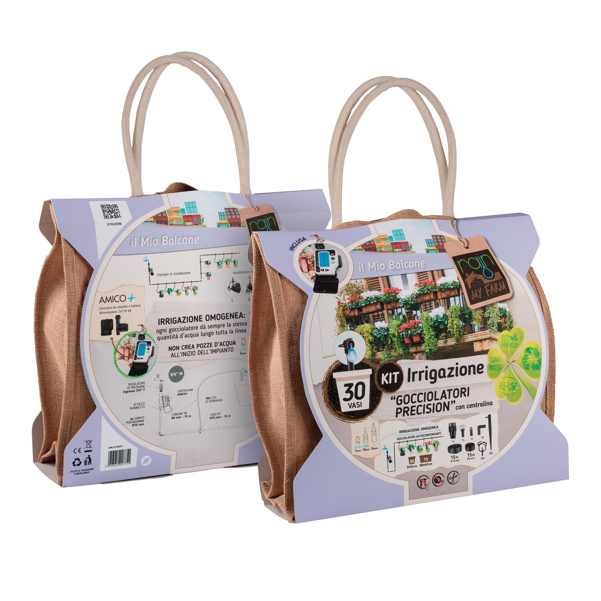 Kit di irrigazione goccia a goccia 30 punti di irrigazione RAIN c/ gocciolat. autocompens. e centralina