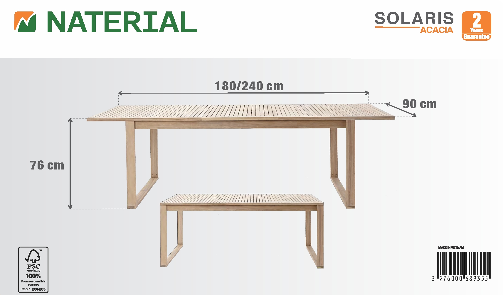 Tavolo da giardino allungabile rettangolare Solaris NATERIAL con piano in legno L 180/240 x P 90 cm - 22