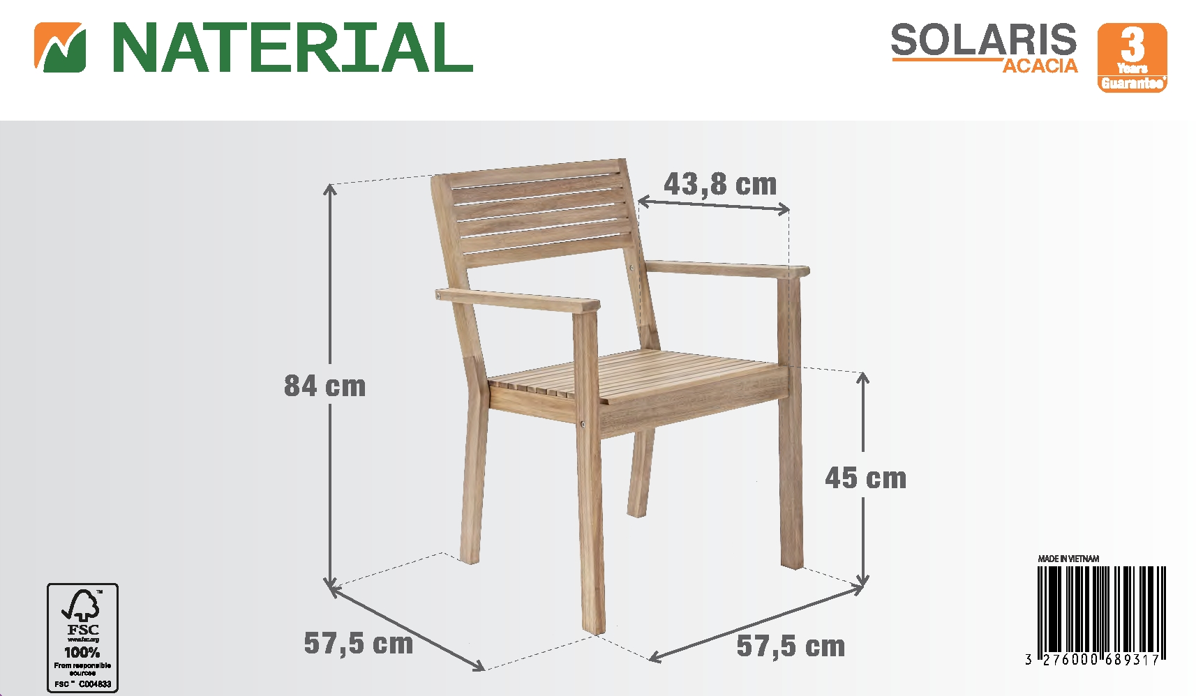 Sedia con braccioli senza cuscino in legno Solaris NATERIAL colore acacia - 16