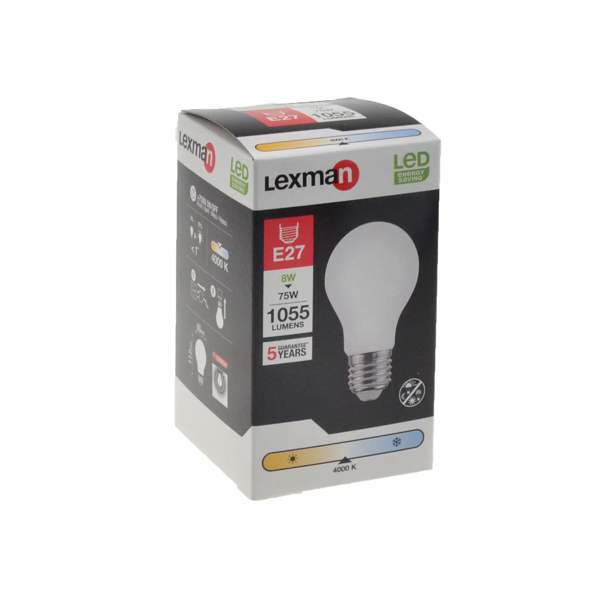 Lampadina LED, E27, Goccia, Opaco, Luce naturale, 8W=1055LM (equiv 75 W), 360° , LEXMAN - 3