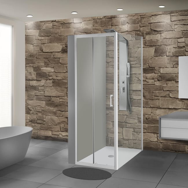 box doccia angolare porta scorrevole e lato fisso rettangolare sinque 120 x 80 cm h 190 cm in vetro temprato spessore 5 mm trasparente bianco leroy merlin