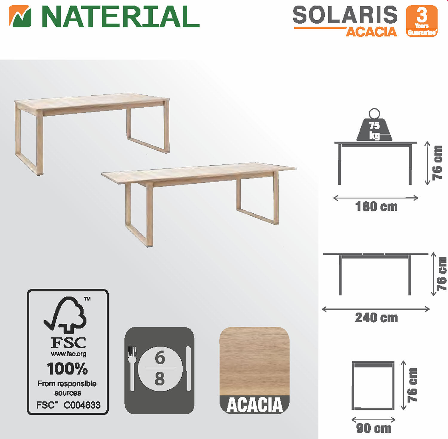 Tavolo da giardino allungabile rettangolare Solaris NATERIAL con piano in legno L 180/240 x P 90 cm - 6